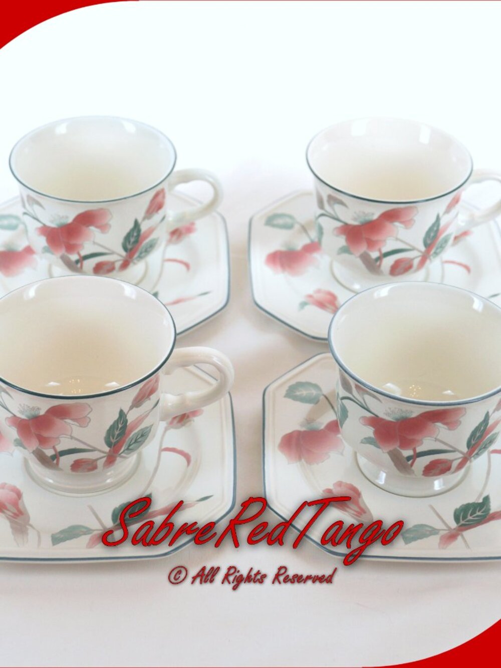 Vintage Mikasa Ceramic Footed Cup & Saucer Set Of 4 F3003 Silk Flowers